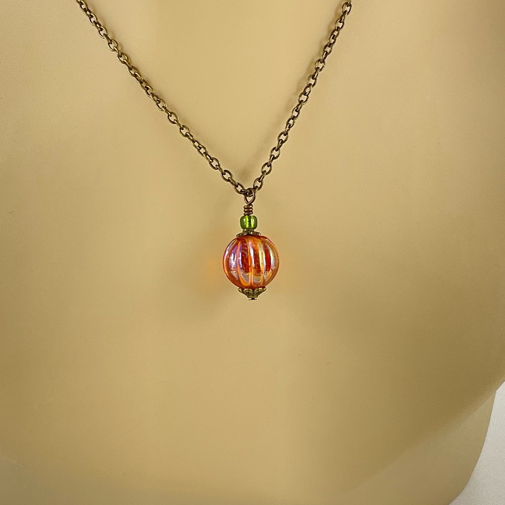 Host Pick! New Pumpkin Necklace, Handmade, Iridescent Orange & Olive Green - Picture 3 of 11